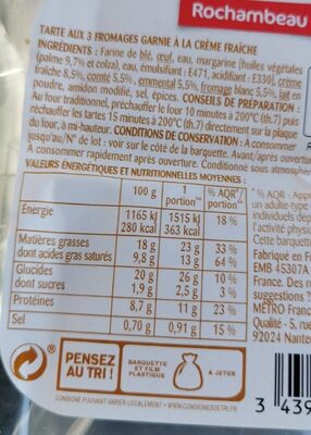 Tarte aux 3 fromages - Nutrition facts - fr