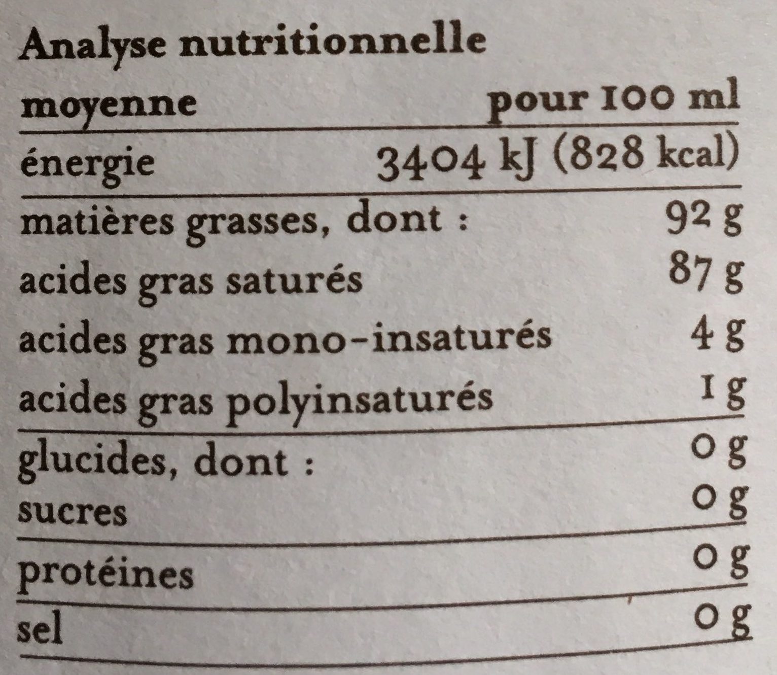 Huile de coco vierge - Nutrition facts - fr