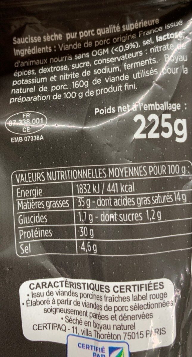 Saucisse sèche Label Rouge - حقائق غذائية - fr
