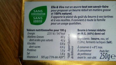 Le Beurre Demi-Sel Allégé 60%MG - Tableau nutritionnel