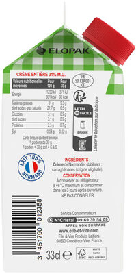 La Crème Fleurette Entière 31%MG - Ingrédients