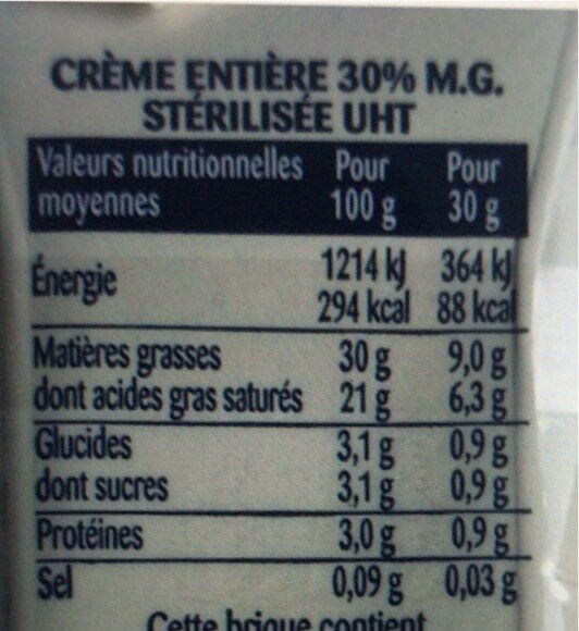 La Crème Entière Fluide 30% MG De Conde Sur Vire - Tableau nutritionnel