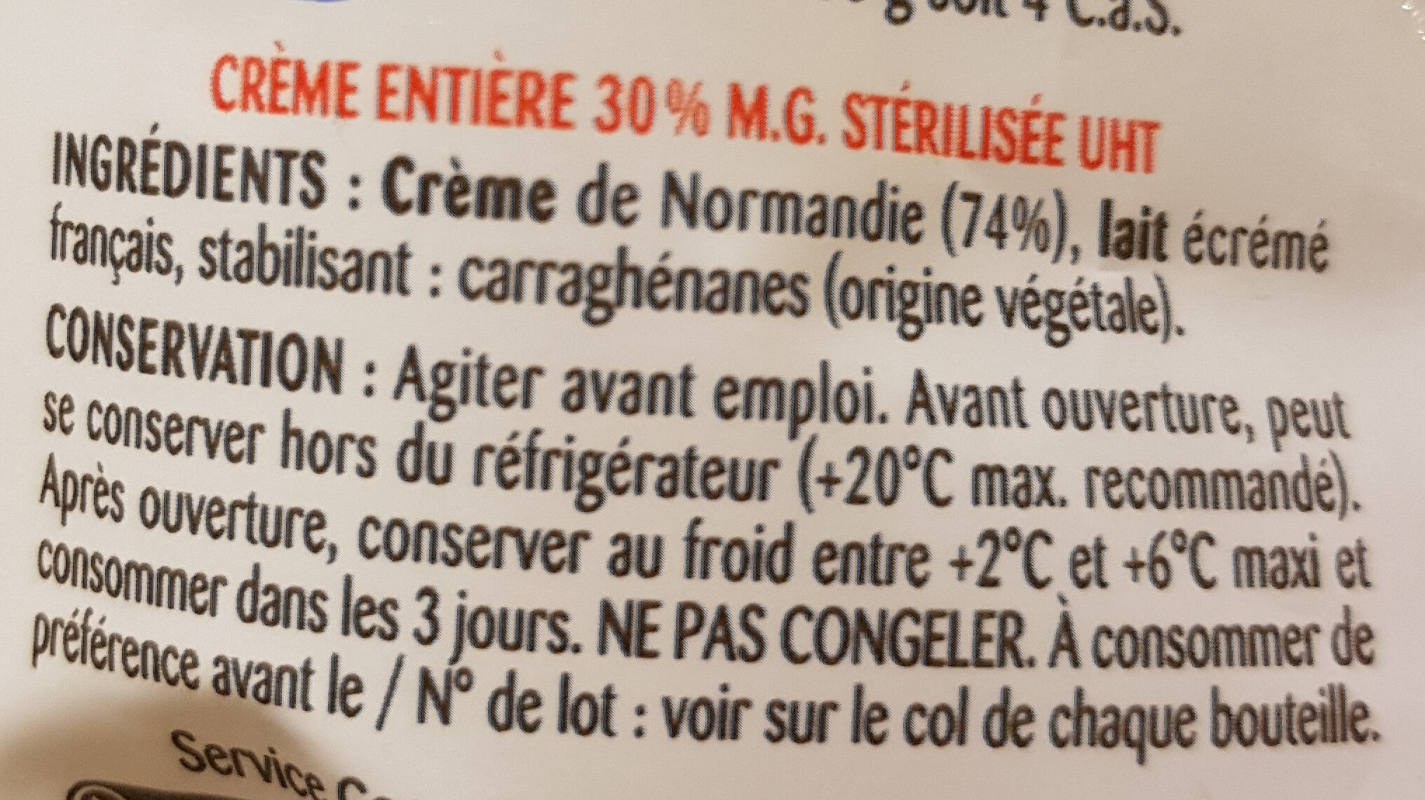 La Crème entière à la crème de Normandie - Ingrediënten - fr