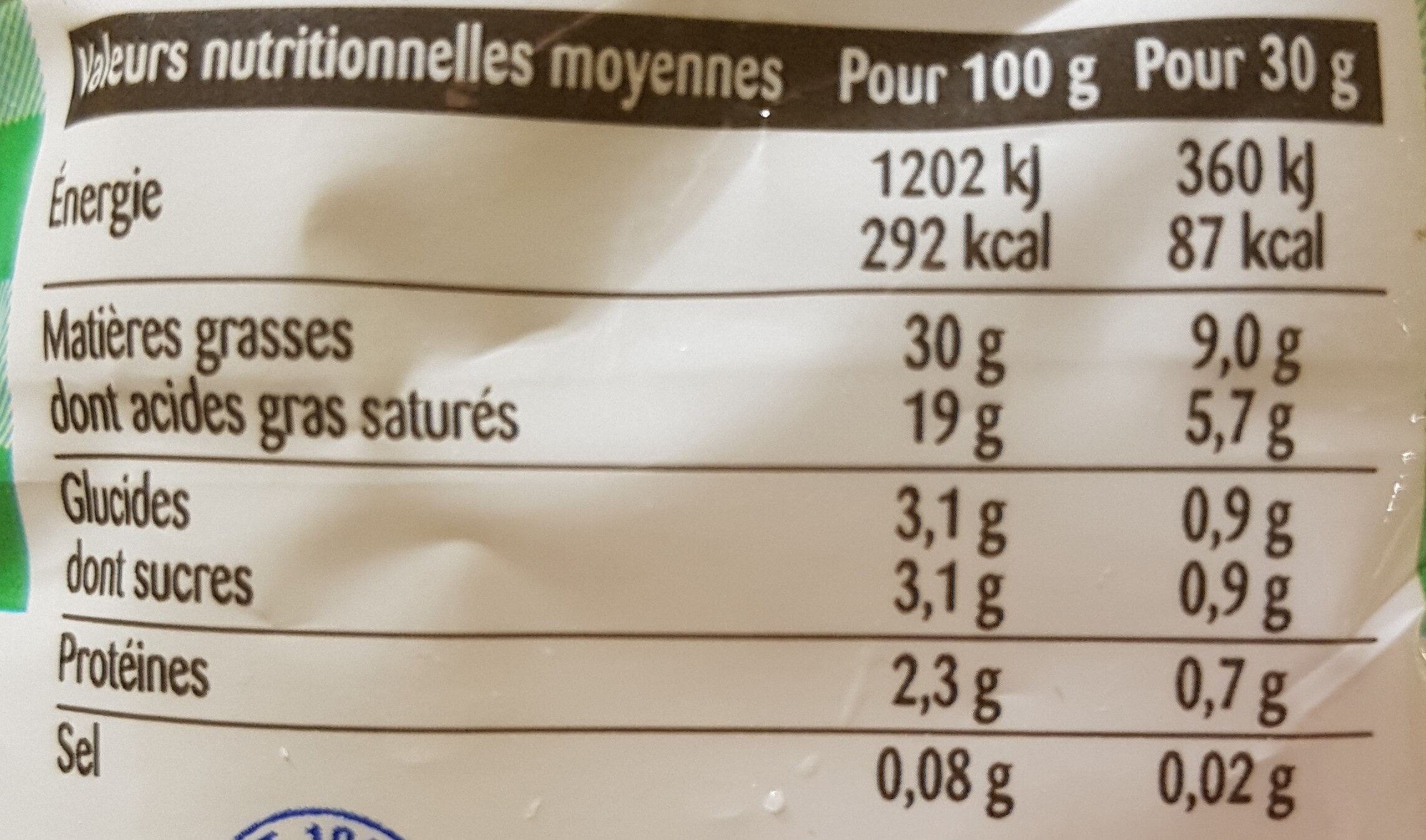 La Crème Entière 30%MG - Tableau nutritionnel