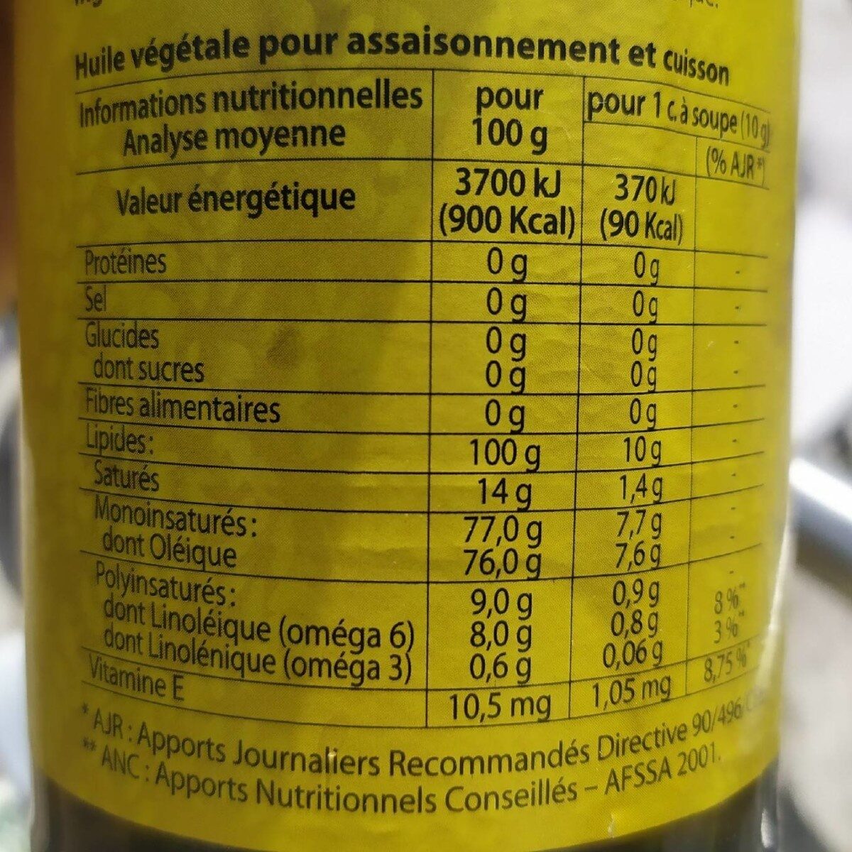 Huile d'olive Vierge Extra - Nutrition facts