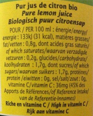 Pur jus de citron - Nutrition facts - fr