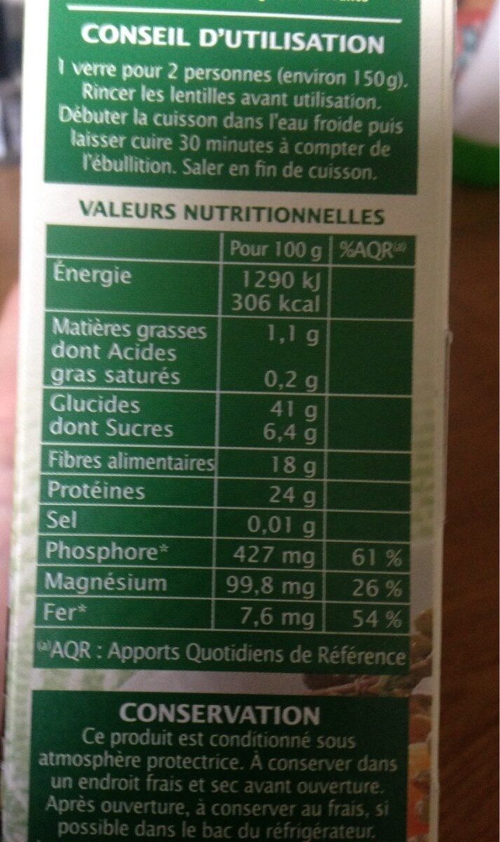 Lentilles vertes irigine Vendée - Tableau nutritionnel