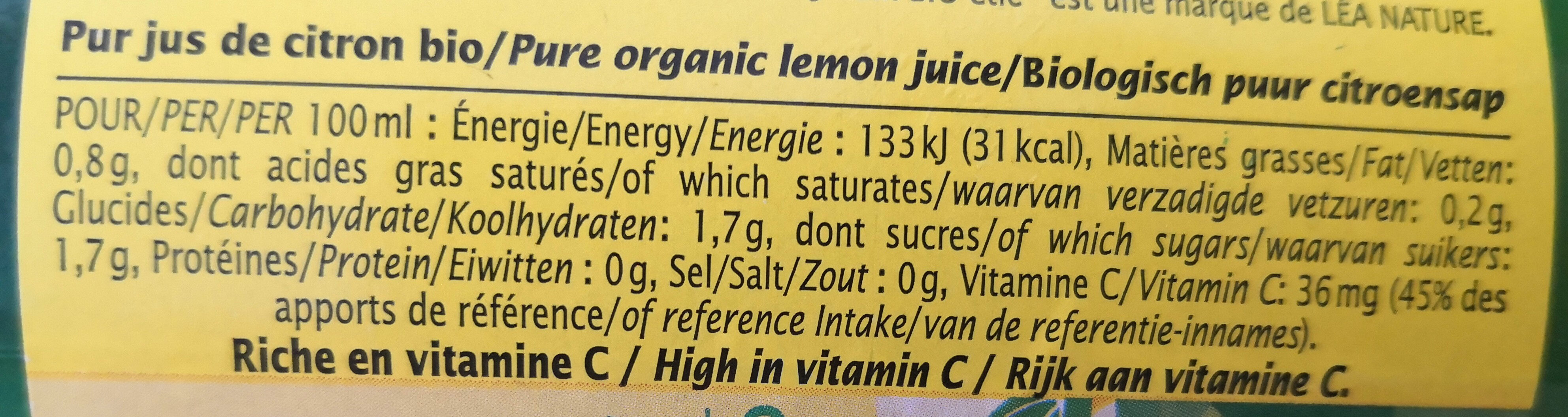 Pur jus de citron bio - Ingrédients