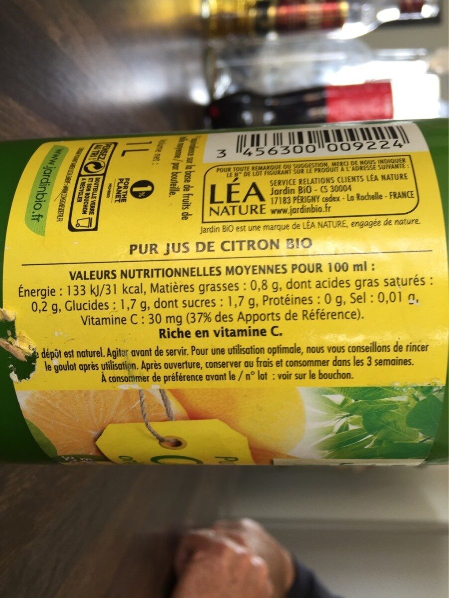 Pur jus de citron bio - Tableau nutritionnel