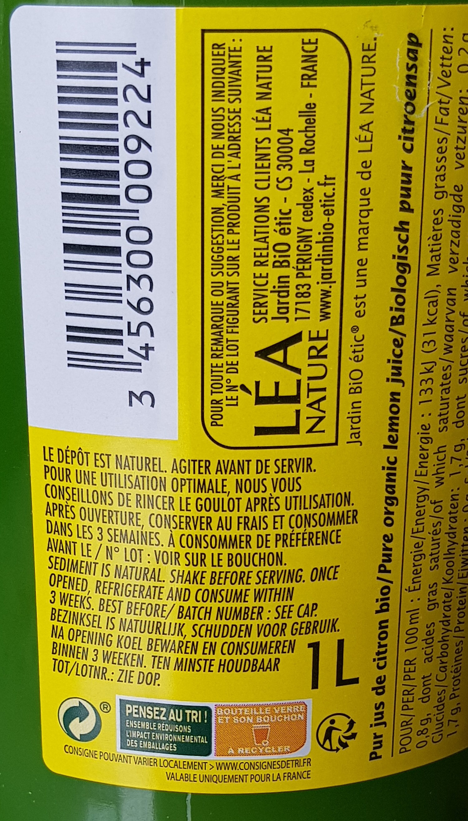 Pur jus de citron bio - Instruction de recyclage et/ou informations d'emballage