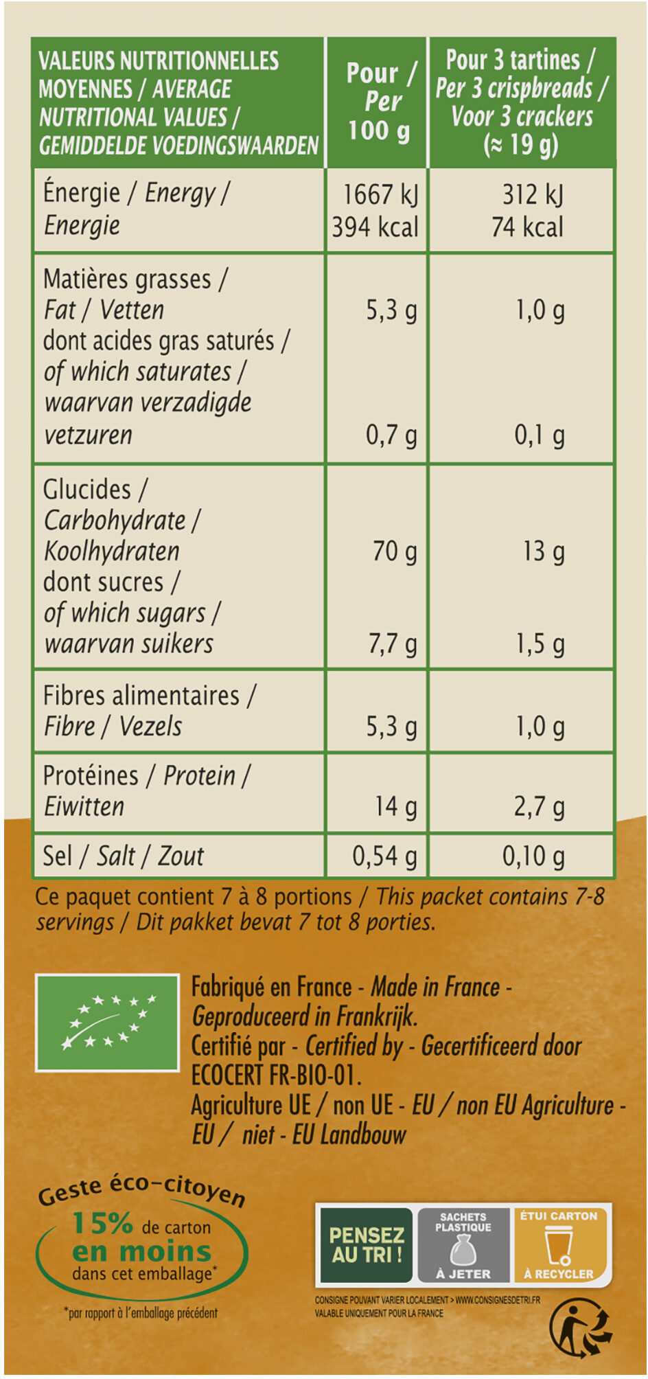 tartine craquante noisette - Tableau nutritionnel
