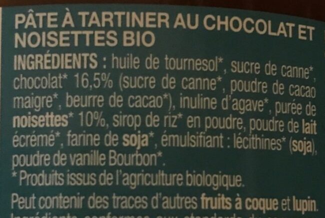 Pate à tartiner chocolat noisette réduite en sucre équitable bio - Ingredienti - fr