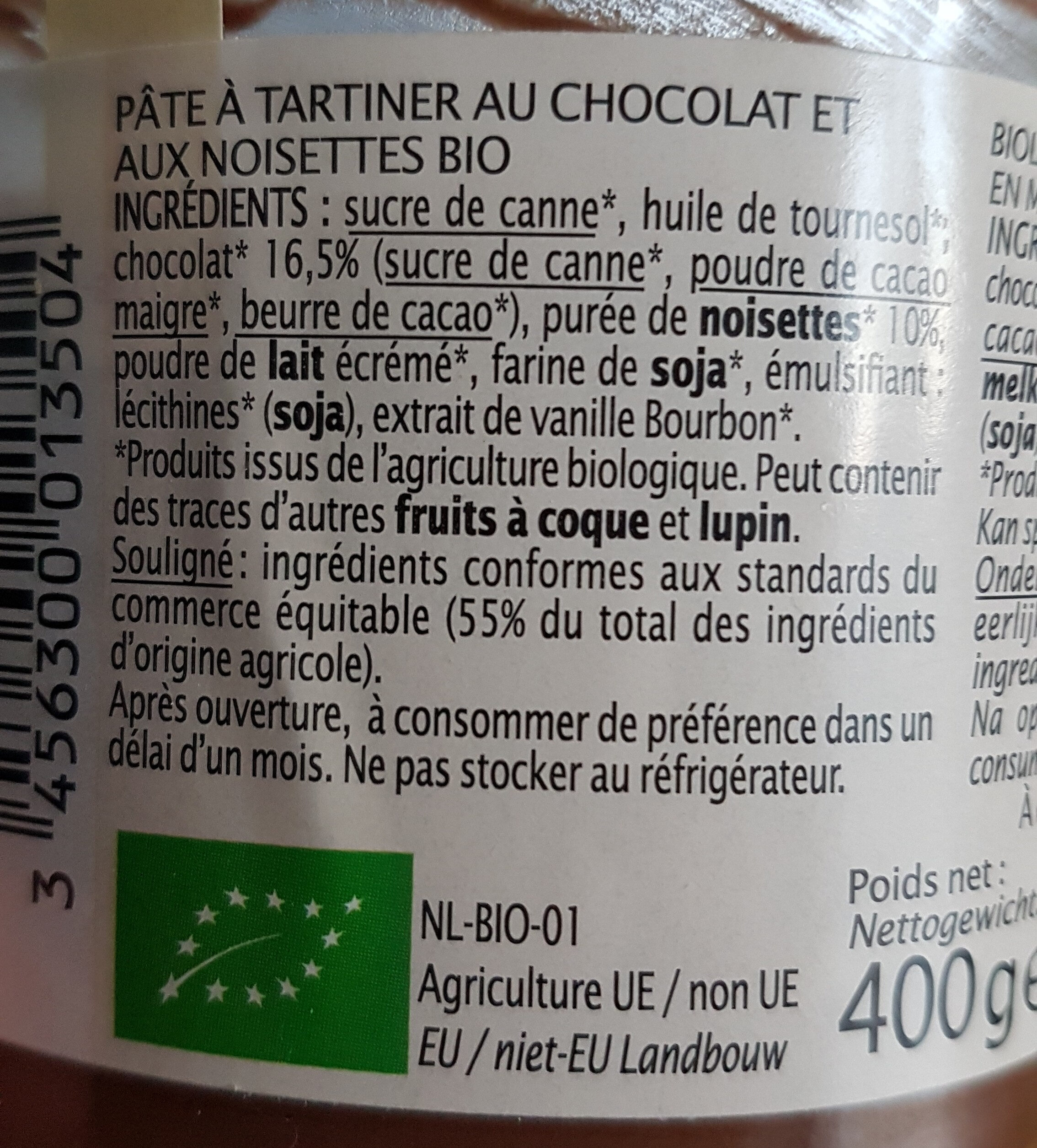 Pâte à tartiner chocolat noisette - Ingredients - fr