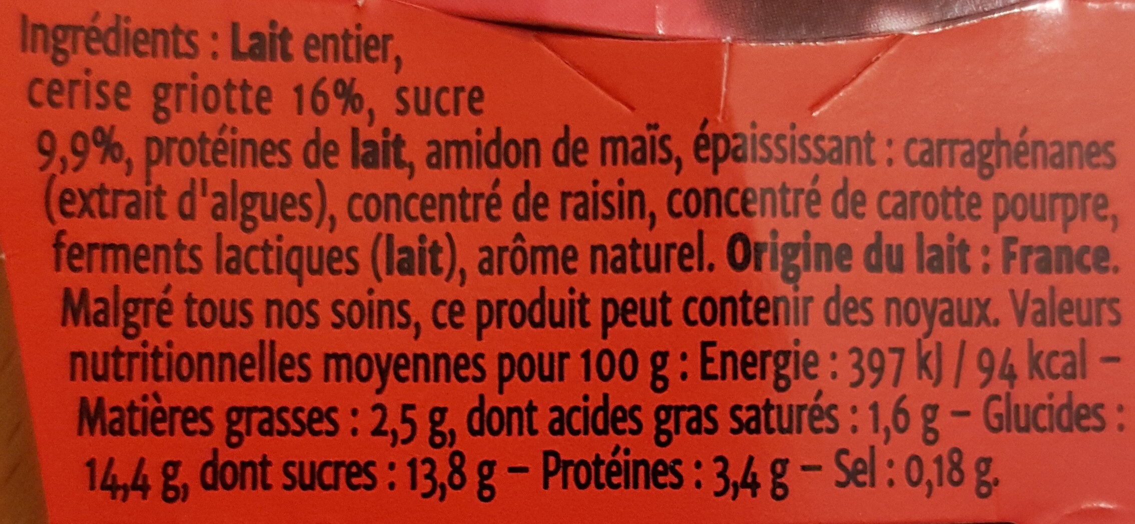 Yaourt Gourmand Cerises Griottes - Tableau nutritionnel