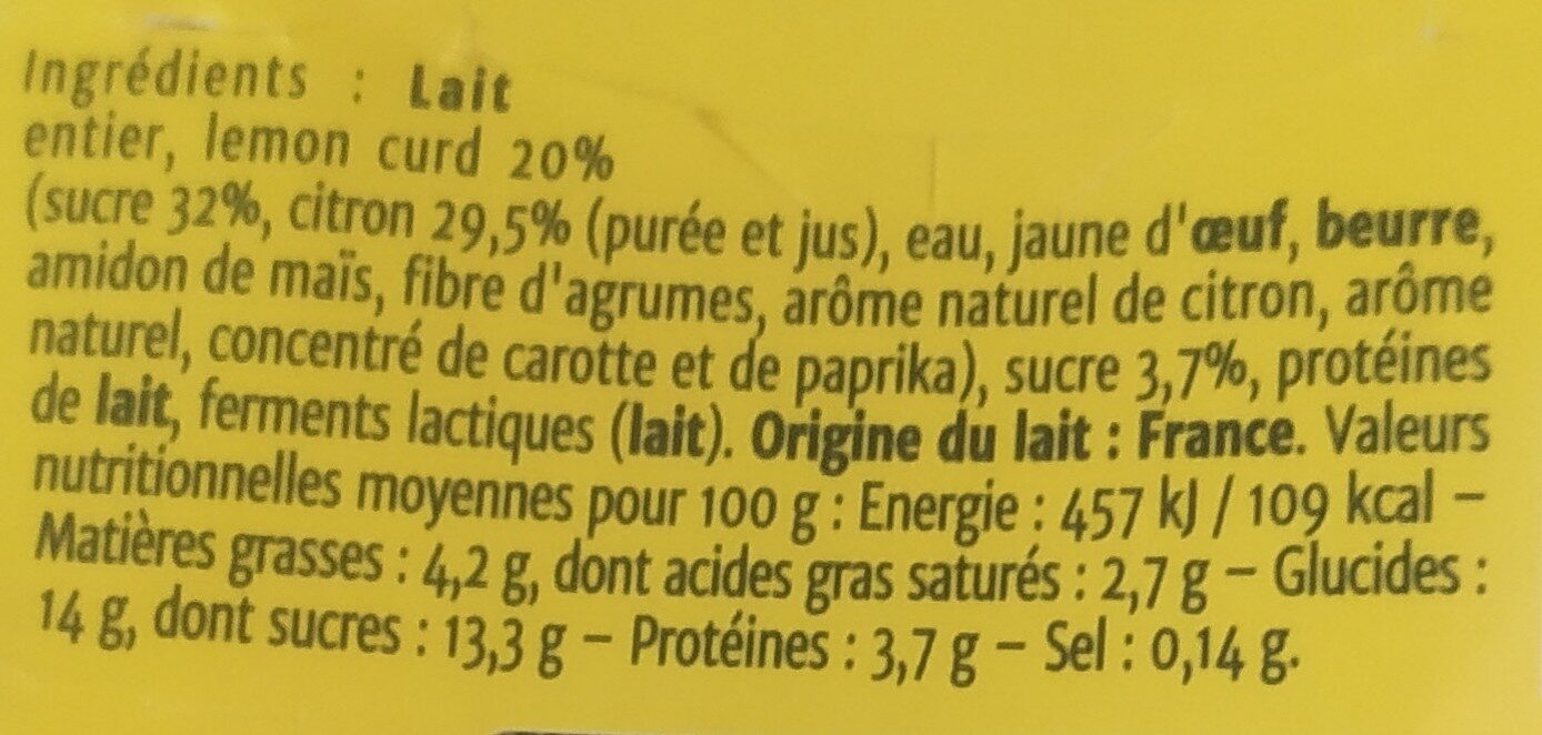 Yaourt Gourmand citron Lemon Curd 4 x 150 g - Ingrédients