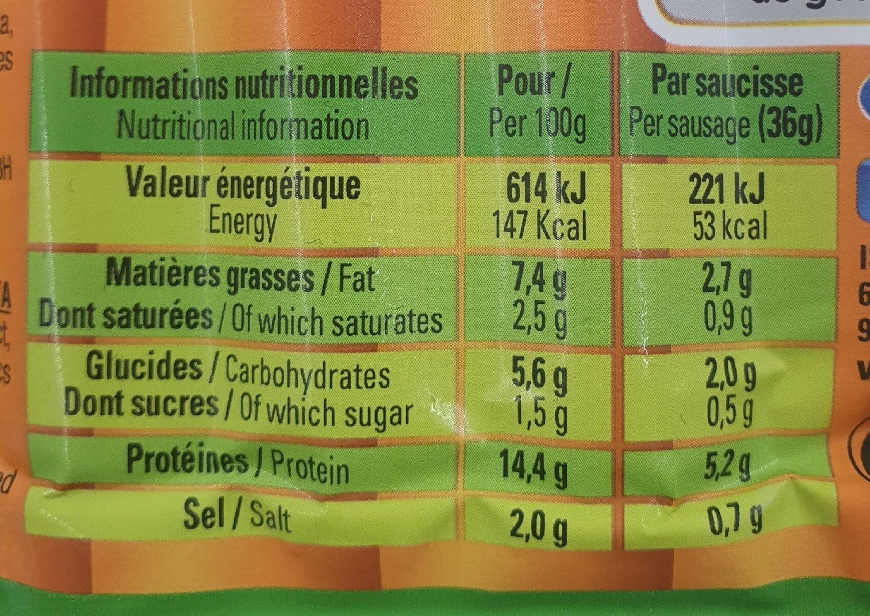 Originales Snacki's Saucisses fumées 100% volaille - Valori nutrizionali - fr