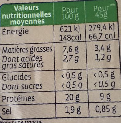 Jambon blanc sans sel nitrité - Nutrition facts - fr