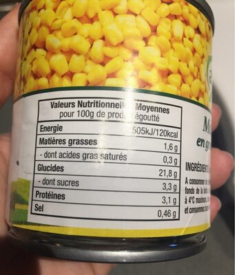 Maïs doux en grains sous vide - Tableau nutritionnel