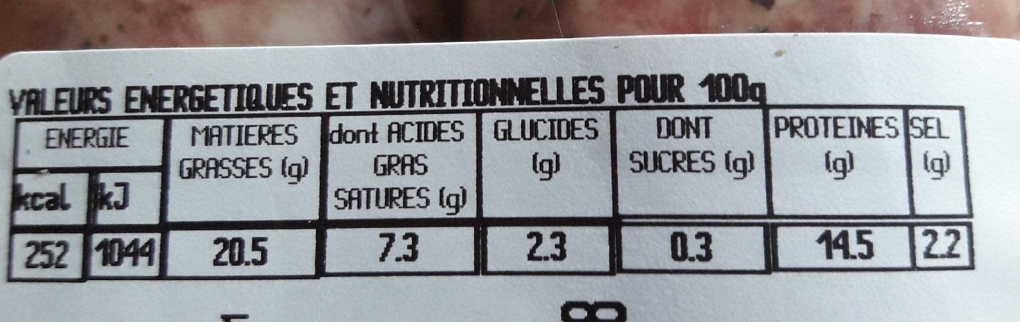 Grosses saucisses aux herbes sans colorant PIVETEAU, 6 pieces - Nutrition facts - fr