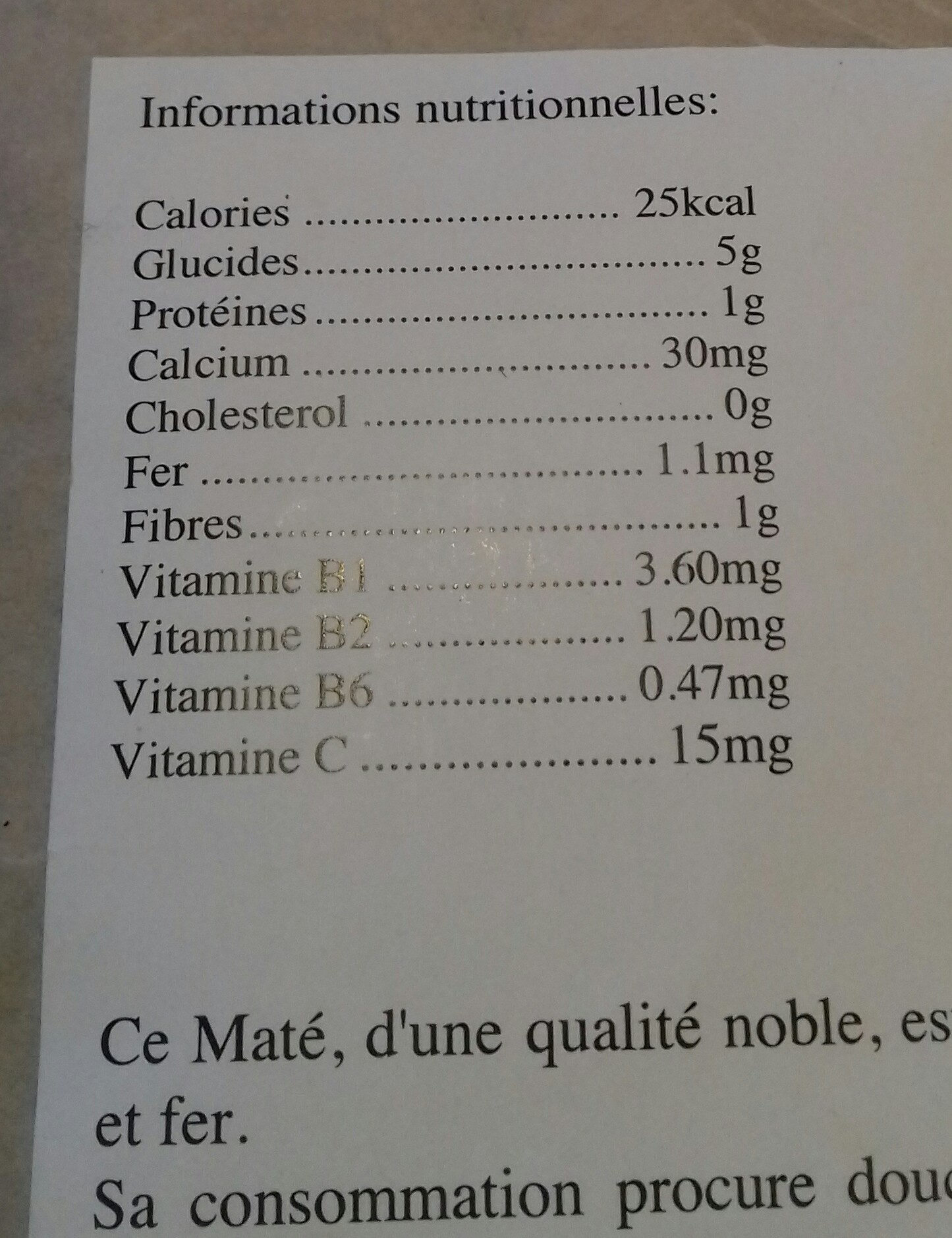 Maté Bio - Nutrition facts - fr