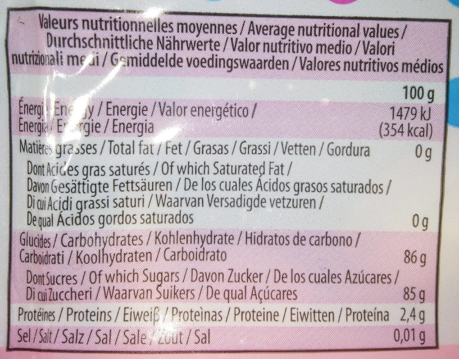 meringue fantaisie - Tableau nutritionnel