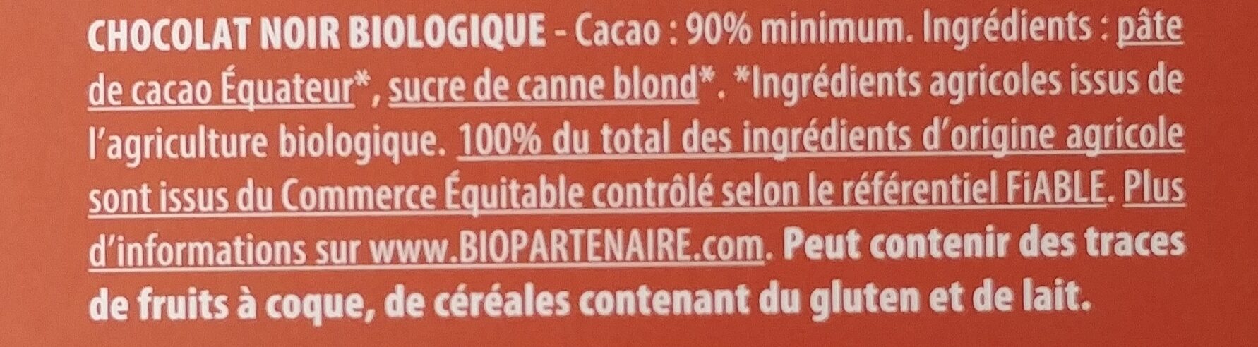 Chocolat Noir 90% Bio - Ingredients - fr