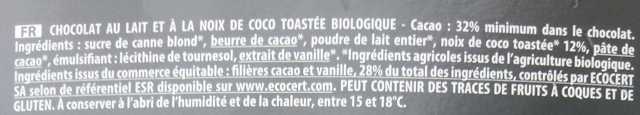 Chocolat au Lait et à la Noix de Coco Bio - Ingrediënten - fr