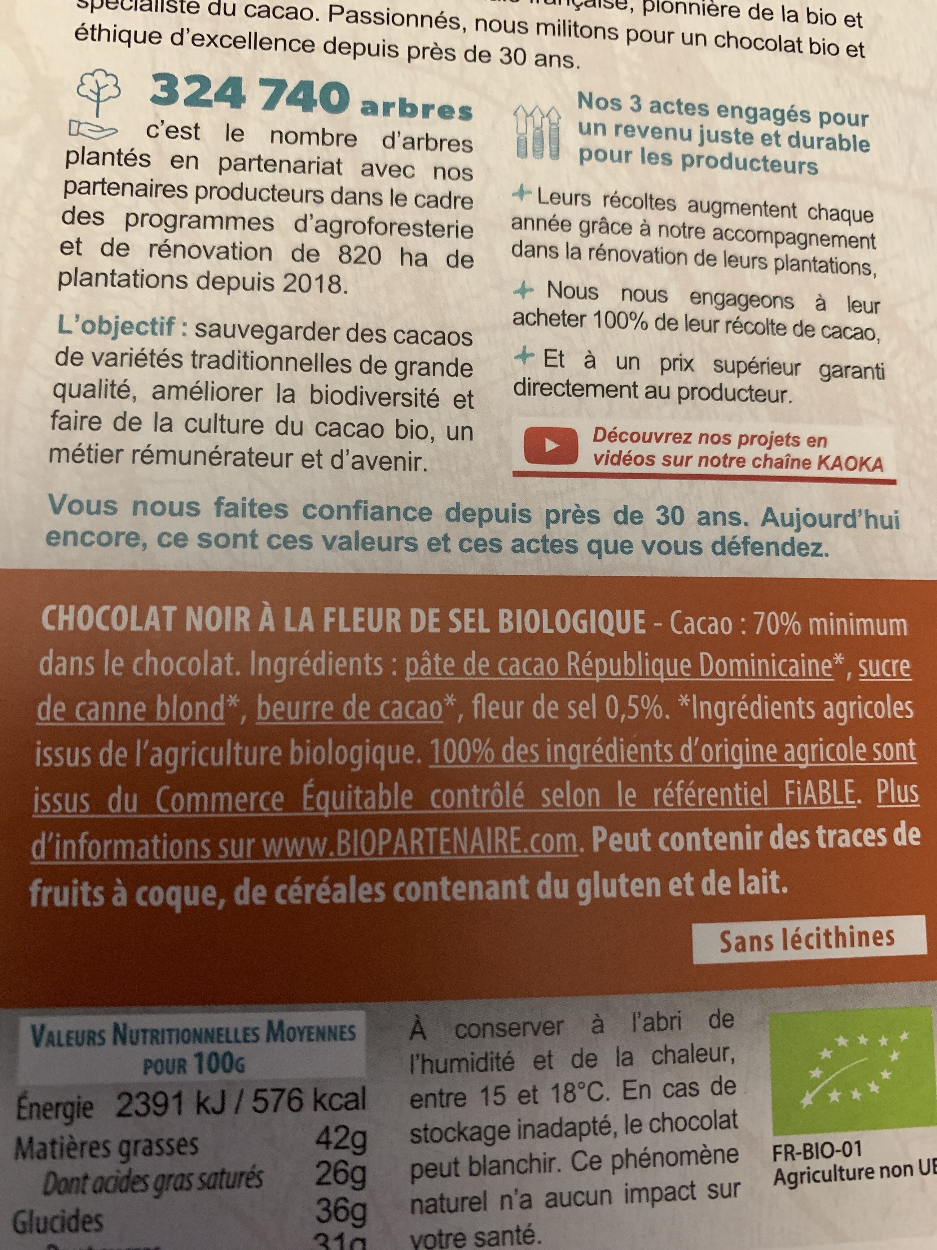 Chocolat Noir à la Fleur de Sel Bio - Voedingswaarden - fr