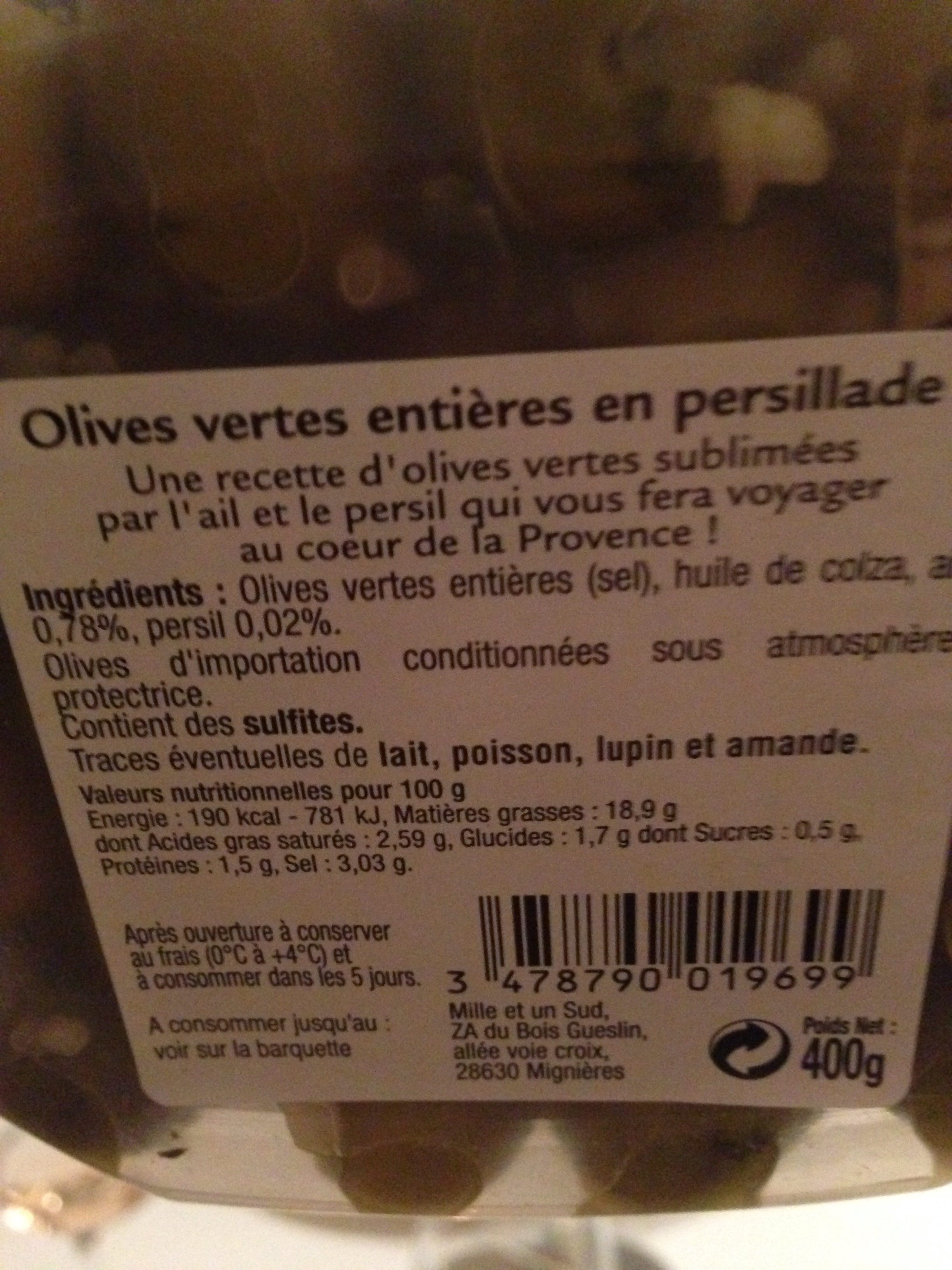 Olives en Persillade entières et douces ail et persil - Ingrédients