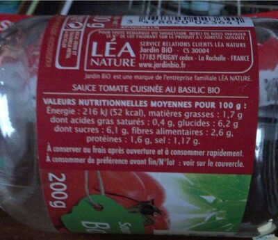 Sauce tomate Basilic Jardin BIO - Tableau nutritionnel