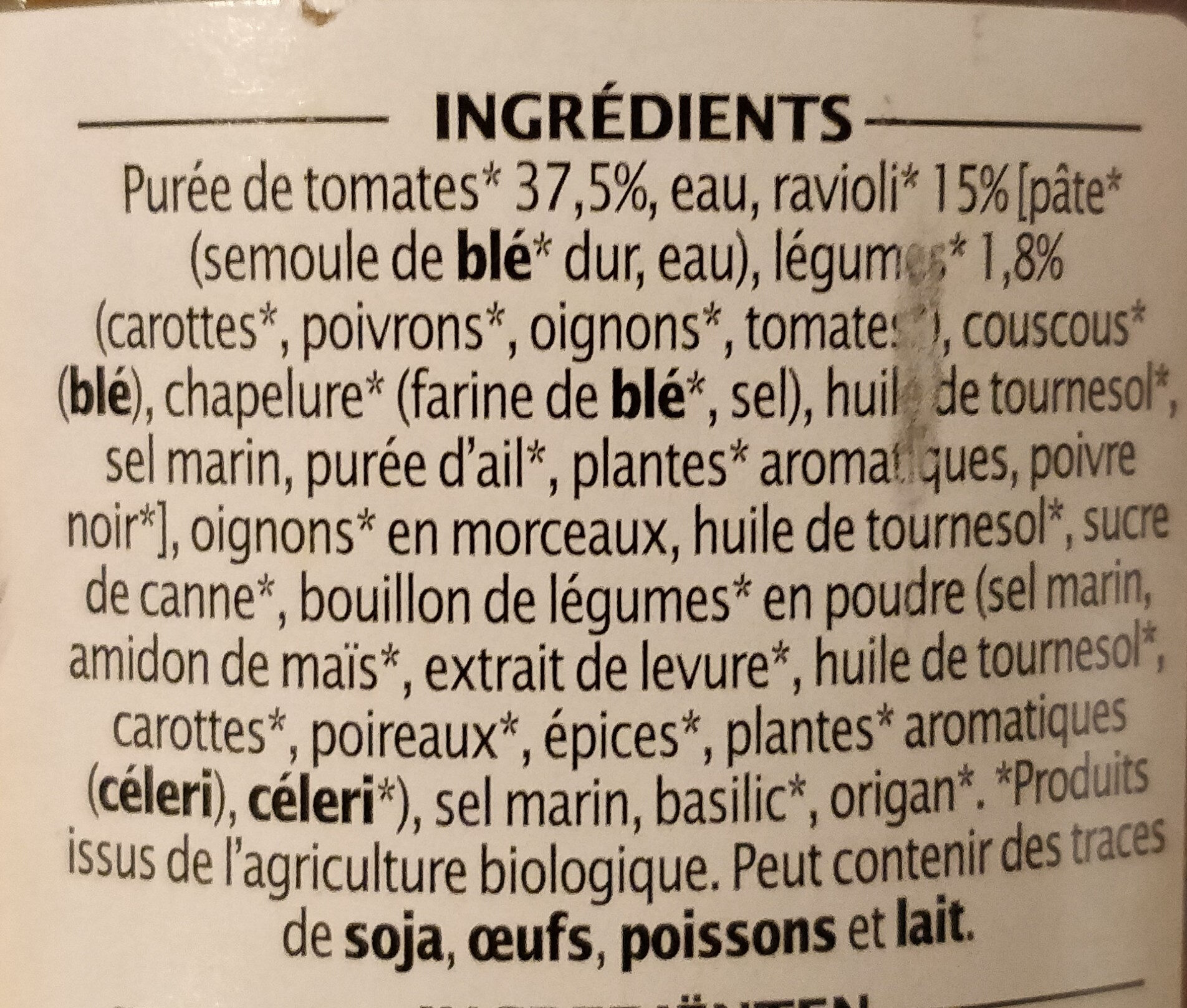 Pâtes farcies aux légumes à la sauce tomate bio - Ingrédients