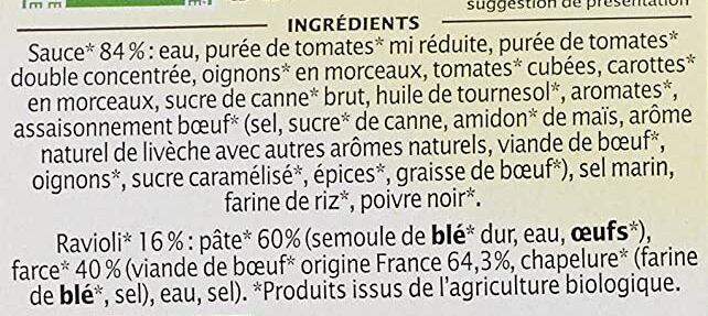 Ravioli Bœuf Bio - Ingrediënten - fr