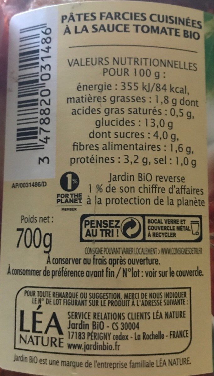 Ravioli Bœuf Bio - Voedingswaarden - fr