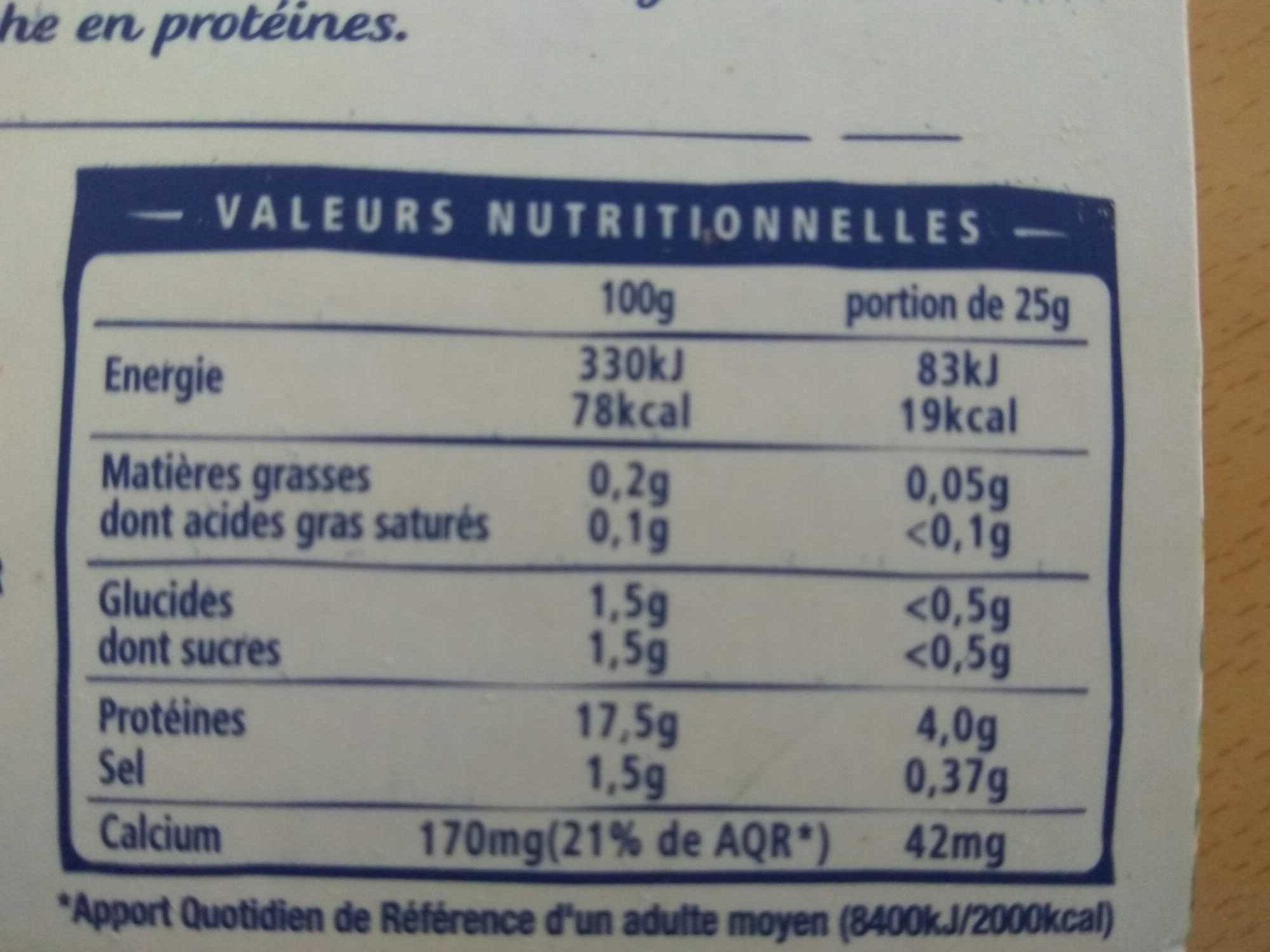 Carré frais 0% - Tableau nutritionnel