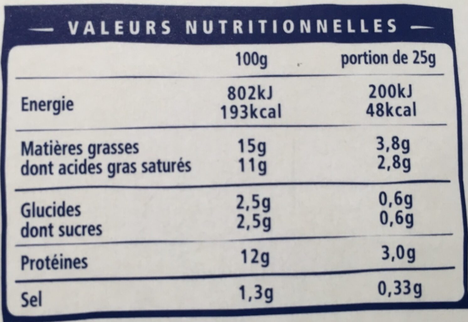 Carré Frais - format familial - Tableau nutritionnel