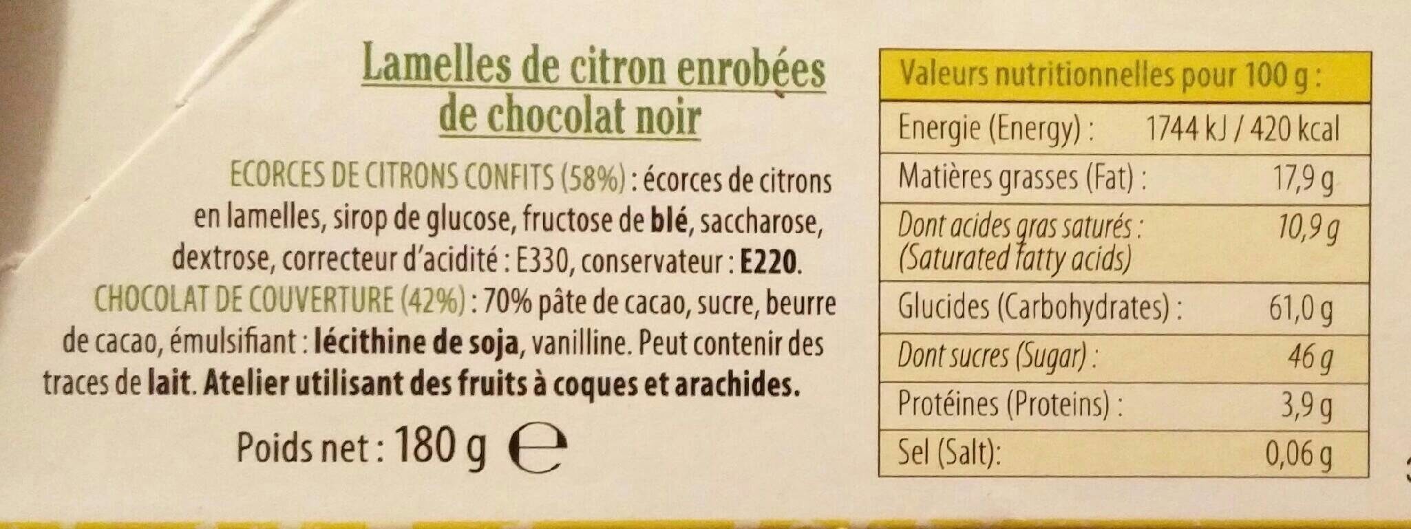 Lamelles de Citron enrobées de chocolat noir - Nutrition facts - fr