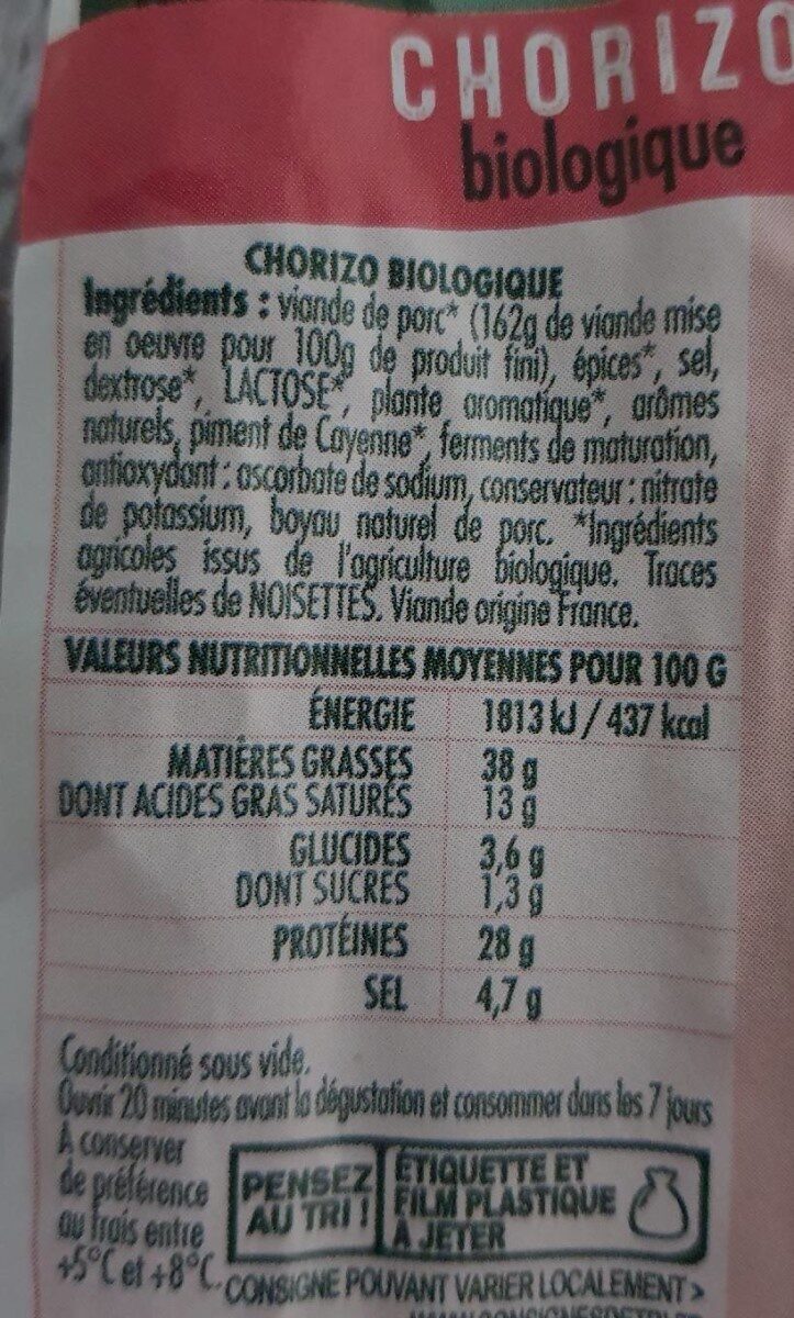 Chorizo biologique - Nutrition facts - fr