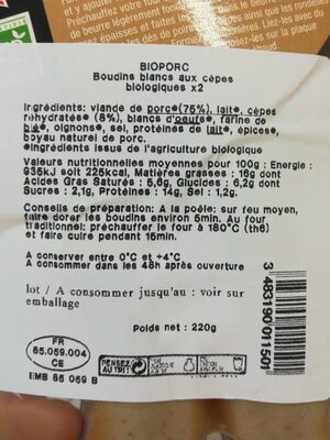 Boudin blanc aux cèpes - Nutrition facts - fr
