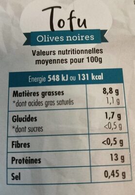 200G Tofu aux Olives - Tableau nutritionnel