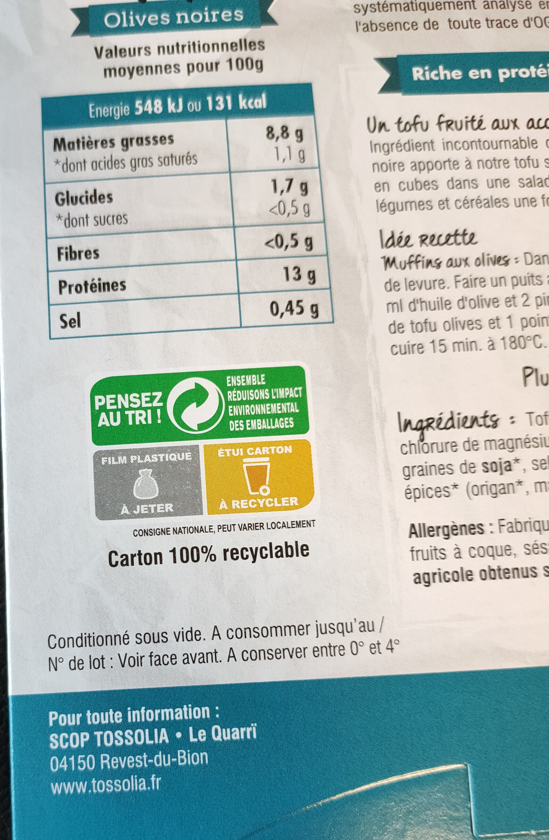 200G Tofu aux Olives - Instruction de recyclage et/ou informations d'emballage