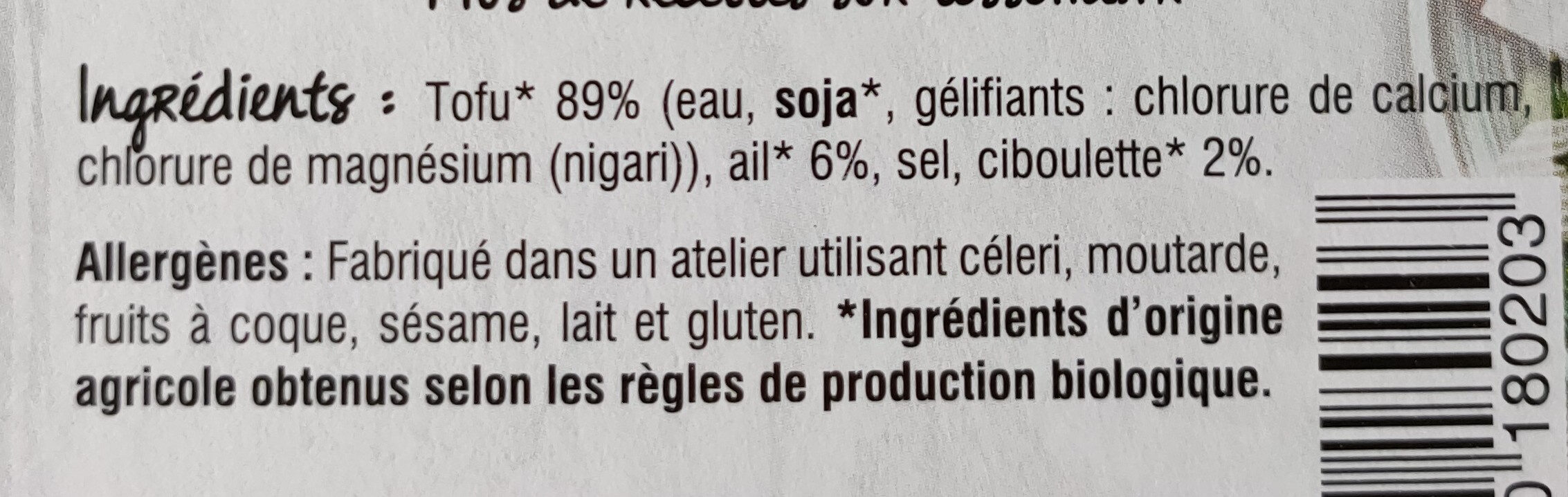 Tofu Ail & Ciboulette - Ingrédients
