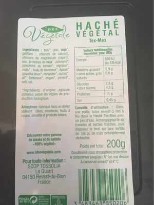 Haché Végétal Tex Mex - Tableau nutritionnel