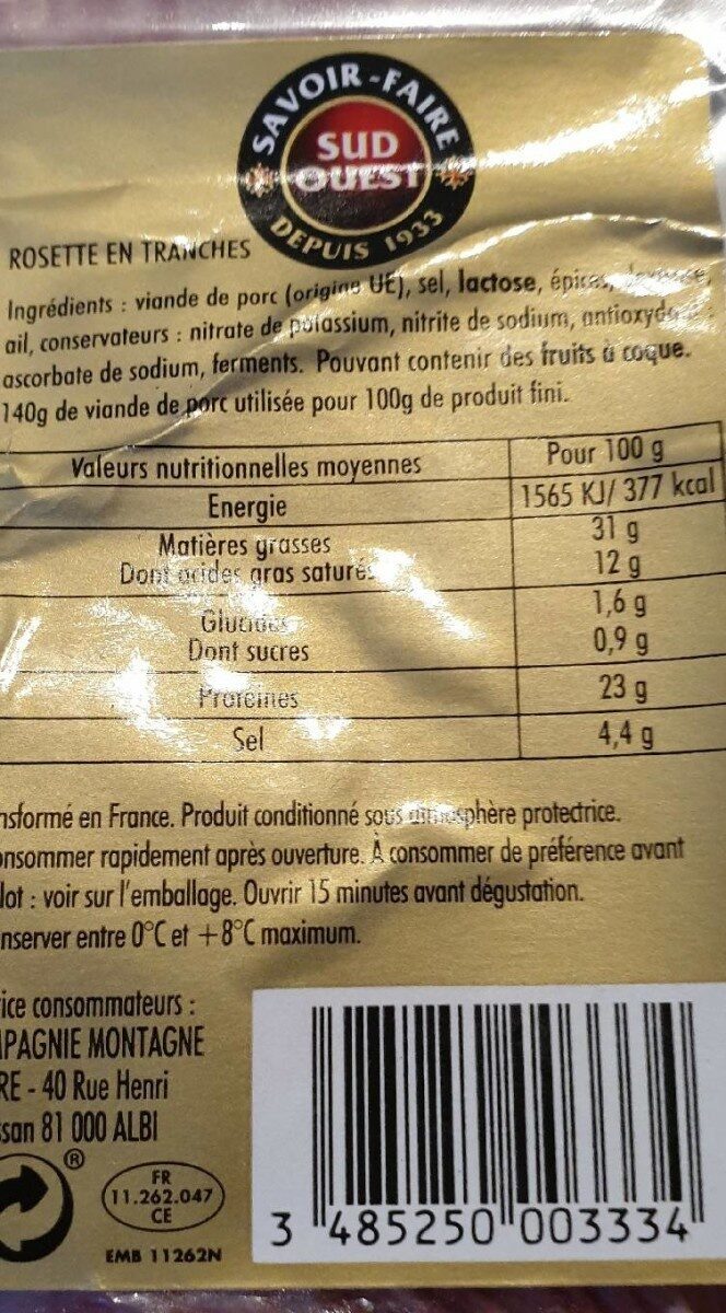Rosette, 50 tranches - Nutrition facts - fr