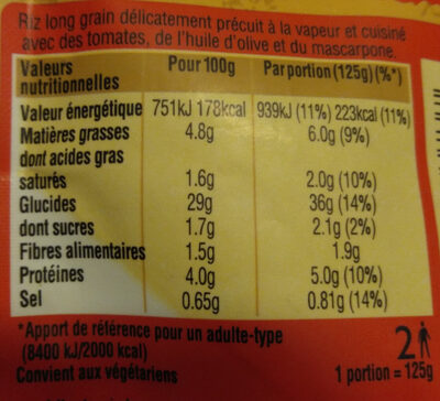 Riz Tomate et Huile d'Olive - Nutrition facts - fr