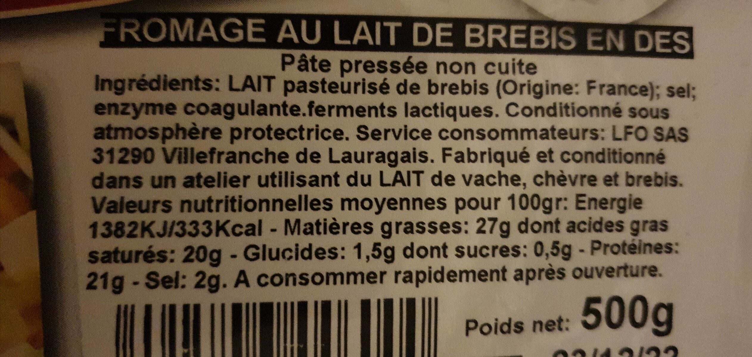 Fromage au lait de brebis - Näringsfakta - fr