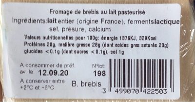 Brique du forez - Fromage de brebis au lait pasteurisé - Nutrition facts