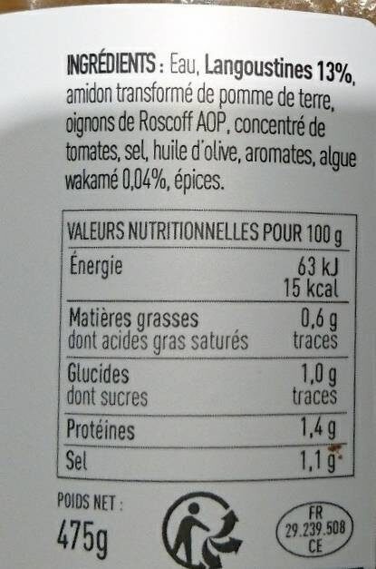 Bisque de LANGOUSTINES aux algues - Ernæringsfakta - fr