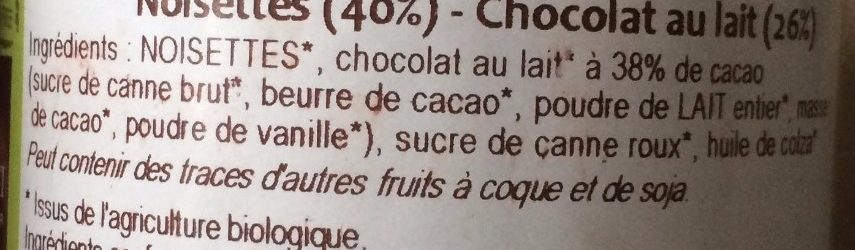 Pâte à Tartiner Bio Chocolat au Lait - Noisettes - Ingredients - fr