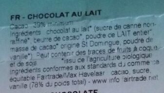 Chocolat au lait bio - Ingrédients