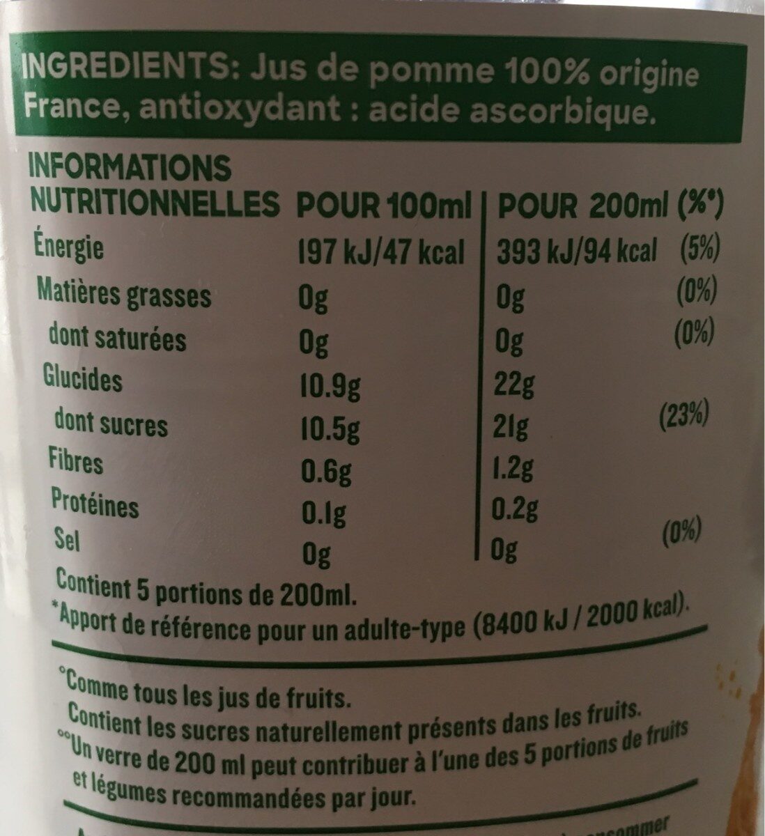 Tropicana Pomme origine France 1 L - Tableau nutritionnel
